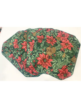Set of 6 Christmas Poinsettia Placemats Reversible Green Pinecone Holiday Decor